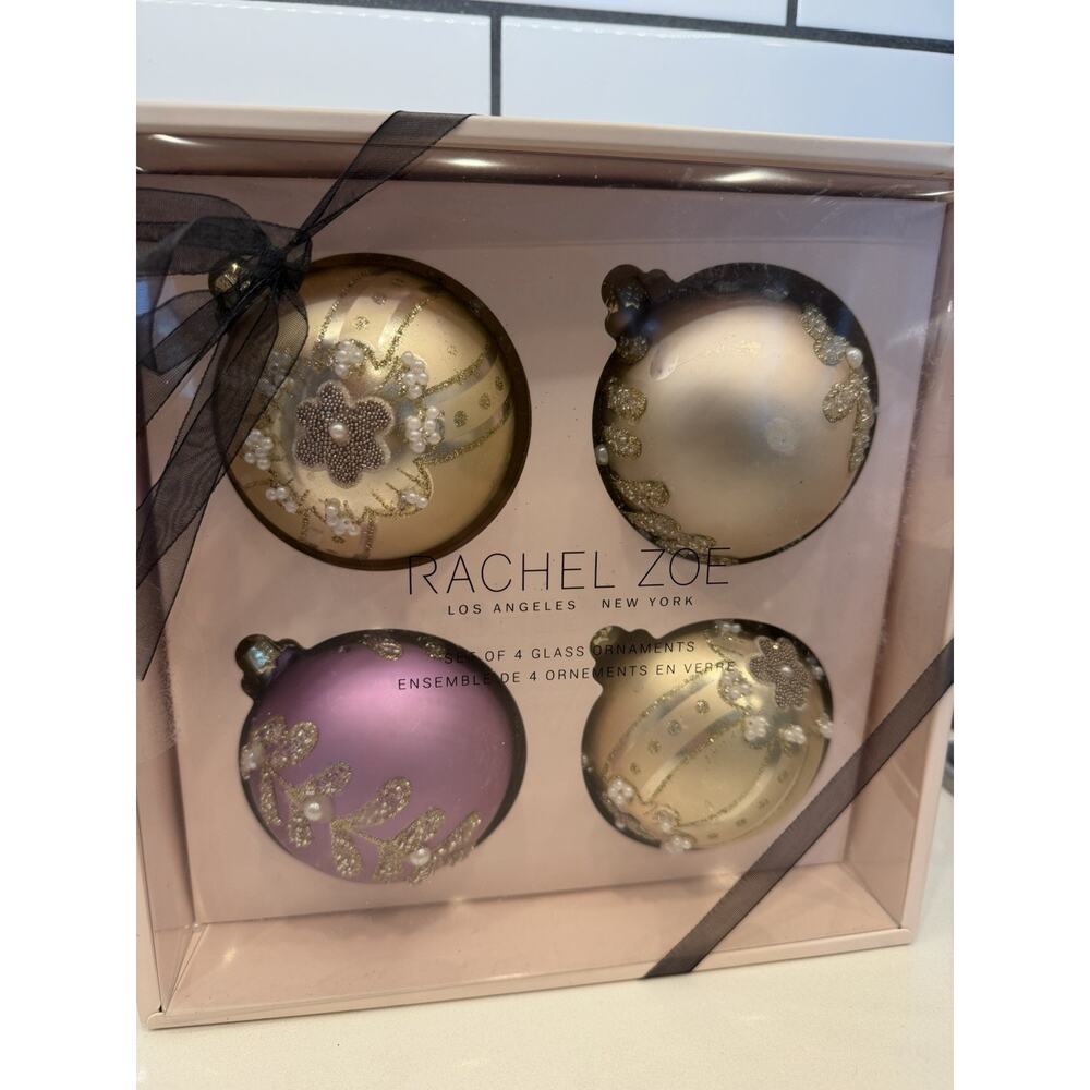 Rachel Zoe Silver Lavender Round Glass Christmas Ornaments 4 Pc New!!